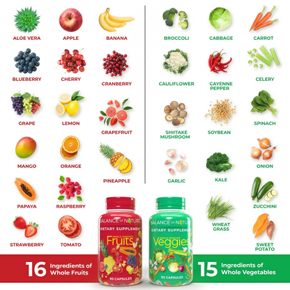 Balance of Nature Whole Food Supplement, Fruits & Veggies, 30 Servings | Whole Fruit and Vegetable Ingredients for Women, Men and Kids, Daily Nutritional Support in Easy to Take Capsules